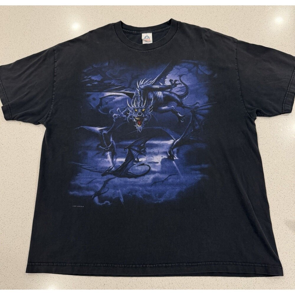 2007 Liquid Blue Dragon Fantasy Graphic T Shirt Black Men's 2XL USA Vintage
